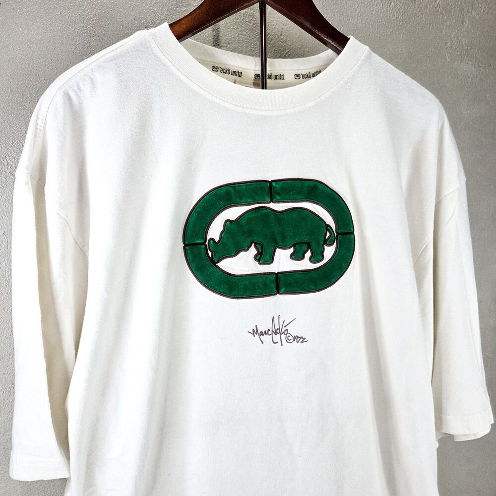 Y2K Ecko Unltd Rhino T Shirt 2XL White Flocked Velvet Logo Marc Ecko 2000s